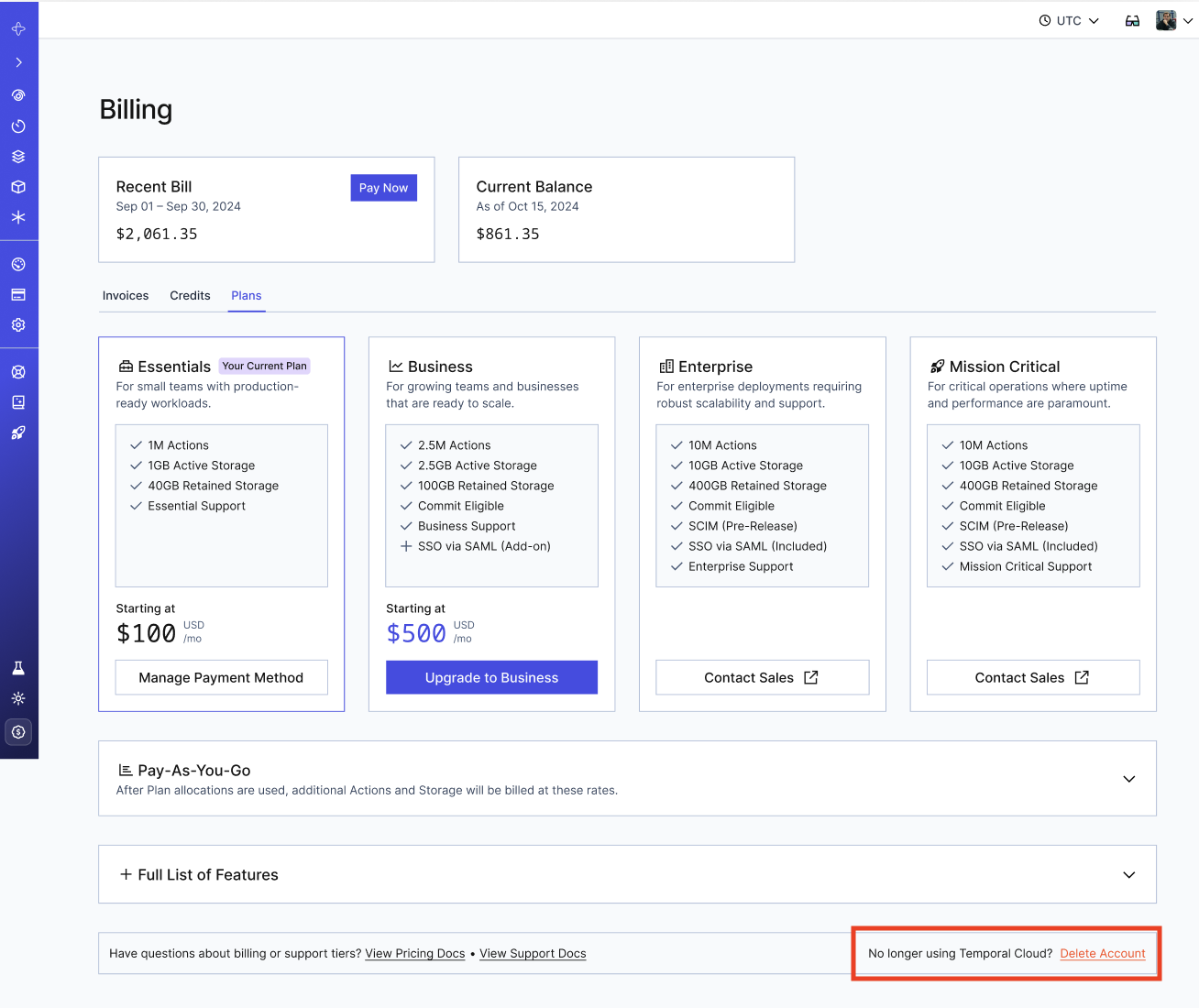 Billing page showing the Plan tab. The contents on the tab include "Manage Payment Method" and "Delete Account" buttons. The "Delete Account" button is placed below text asking "No longer using Temporal Cloud?"